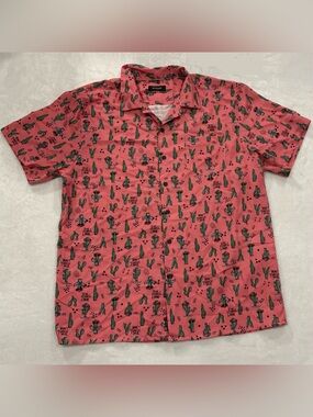 MCEDAR Pink Don’t Touch Me Cactus Print Short Sleeve Button Up Shirt Mens Size L